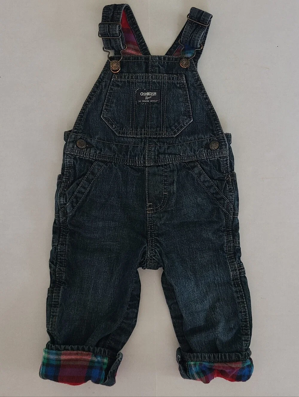 VTG Oshkosh B'gosh Vestbak Dark Denim 12 Mo Overalls Flannel Lined Plaid